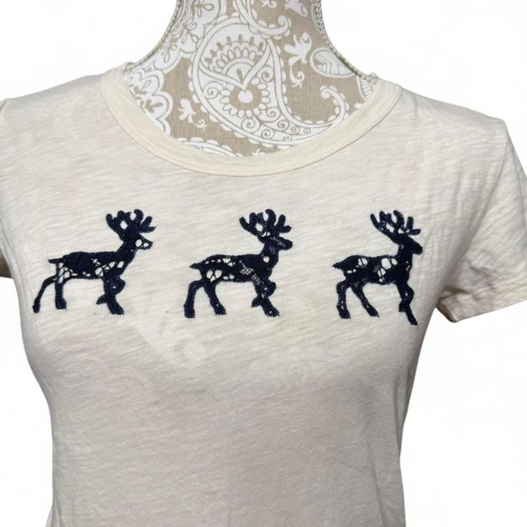 J.Crew Ivory Cotton Embroidered Reindeer Holiday T Shirt Women's Small Festive - Picture 3 of 7